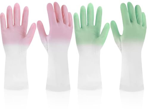 Quilax Lot de 2 gants de nettoyage antidérapants en caoutchouc sans latex réutilisables pour cuisine, buanderie, jardinage (rose + vert, taille M)
