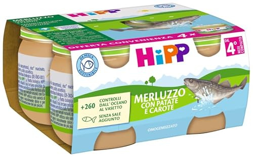 HiPP Omogeneizzato Multipack Merluzzo con Carote e Patate, Omogeneizzato di Pesce per Neonati, Senza glutine, Senza Sali e Aromi Aggiunti, 24 vasetti da 80 g