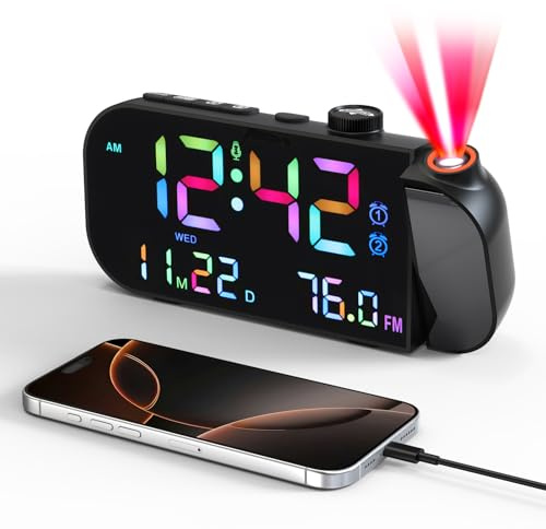Yaskyly Reveil Projecteur avec Radio Horloge Numérique Radio Reveil Projecteur avec FM Numérique, Double Alarme et Écran LED de 8, Snooze, 4 Niveaux de Luminosité, 12/24h pour Maison Bureau (Noir)