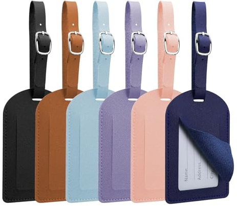 Aihoom Lot de 6 Étiquettes de Valise en Cuir PU pour Bagages, Étiquettes de Voyage Réglables pour Valises et Sacs, Accessoires de Voyage pour Avion, Étiquettes Inscription pour Bagages