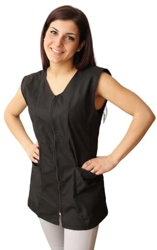 Camice da lavoro donna,giromanica,casacca per operaia,Maestra, Imprese Pulizia, Grembiule per fruttivendolo,gastronomia (Nero con zip, XS)