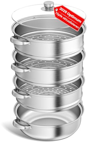 Cuocere a vapore – 28 cm in acciaio inox con inserto a vapore, pentole a 3/4/5 piani con coperchio per cuocere verdure, frutti di mare, zuppe, stufati e pasta (quattro)