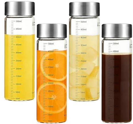 Vexaflow Botellas de Cristal 500ml, con Tapa de Acero Inoxidable, con Escala de Medición, Set de 4 Botellas de Boca Ancha, sin BPA, Reutilizable, para Zumos, Batidos, Café y Té, Leche
