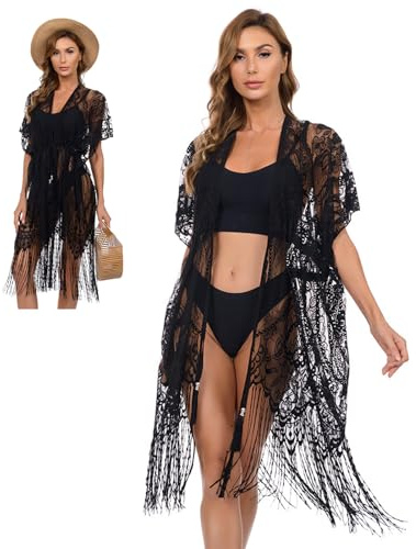 ZCJ Vestido de Playa para Mujer con Encaje y Flecos, Kimono de Playa con Cintura Elástica y Transpirable, Bikini Cover up para Verano, Vacaciones y Piscina
