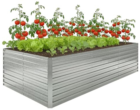 Outsunny Utomhusplanterare, förhöjd planteringskruka, galvaniserad trädgård, fyrkantig trädgårdslåda med säkerhetskant och öppen botten, för blommor och grönsaker, 240 x 120 x 60 cm, silvergrå