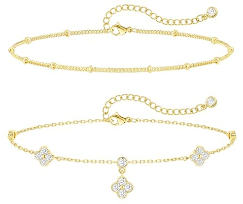 ZOERAY Guld Silver Ankle Armband för Kvinnor Vattentät 18K Guldpläterade Spetsar för Kvinnor Icke-Tarnish Dainty Layered Beaded Heart Anklet Set Sommar Strand Fotkedja Smycken Gåvor Trendig Stuff