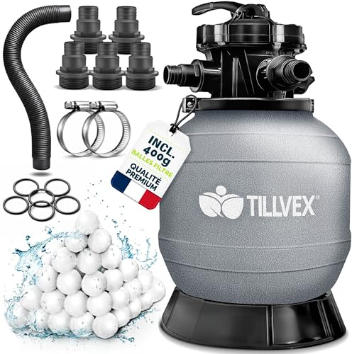 tillvex® Filtre à Sable pour Piscine sans Pompe + Billes filtrantes jusqu'à 21 m³ (21.000 litres) | Cuve Filtre Piscine INCL. Adaptateur Ø32-38mm | Vanne 7 Voies, manomètre & Tuyau d'aspiration
