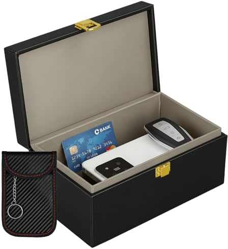 Crinwaki Keyless Go - Caja de protección para llaves de coche, caja Faraday con 1 bolsillo Faraday, bloqueador RFID para llaves de coche, teléfono móvil y tarjetas de crédito, 22 x 13,2 x 10,5 cm