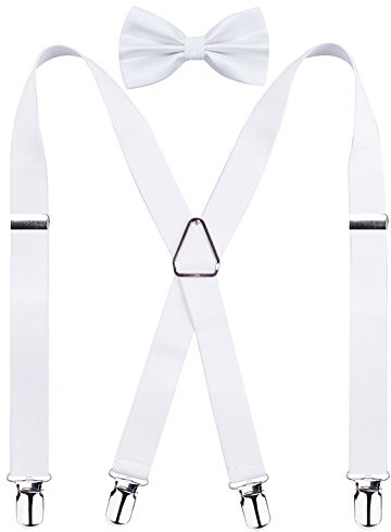 Alizeal Men's 4 Clips X-Back Solid Suspenders Pre Tied Bow Tie Set Elastic Adjustable Braces, White