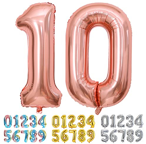 Ponmoo Foil Balloon Number 10 Rosegold, Giant Numbers 0 1 2 3 4 5 6 7 8 9 10-19 20-29 30-39 40-49 50-60-70-80-90-100, Large Balloons for Wedding Anniversary Birthday Party Decoration