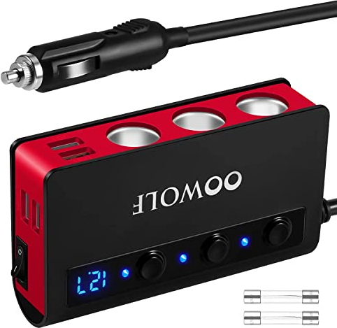 Quick Charge 3.0 Car Adapter, 180W Cigarette Lighter Adapter 12V/24V Cigarette Lighter Splitter 4USB Ports 3-Socket Car Splitter 6.6A LED Voltmeter Car Charger