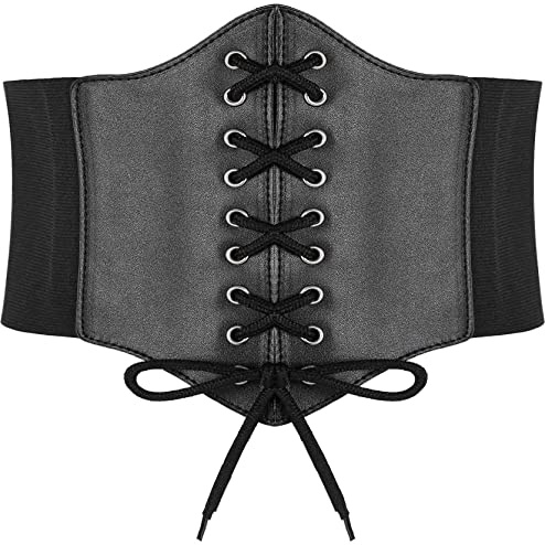 Hoerev Women Girls Elastic Wide Band Elastic Tied Waspie Corset Waist Belt，Black with steel button，M