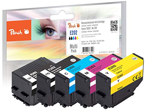 Peach E202 Spar Pack Druckerpatronen (BK, PBK, C, M, Y) ersetzt Epson T02E7, No. 202, C13T02E74010 für z.B. Epson Expression Premium XP -6000, Epson Expression Premium XP -6005, Schwarz, Foto Schwarz, Cyan, Magenta, Gelb