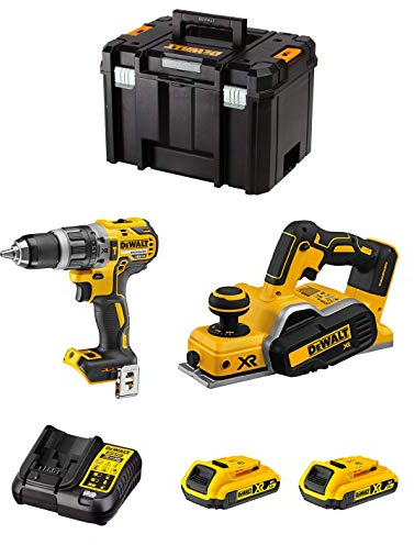 DeWALT Kit DWK207 (Perceuse à Percussion DCD796 + Rabot DCP580 + 2 Batteries de 2,0 Ah + Chargeur + TSTAK VI)