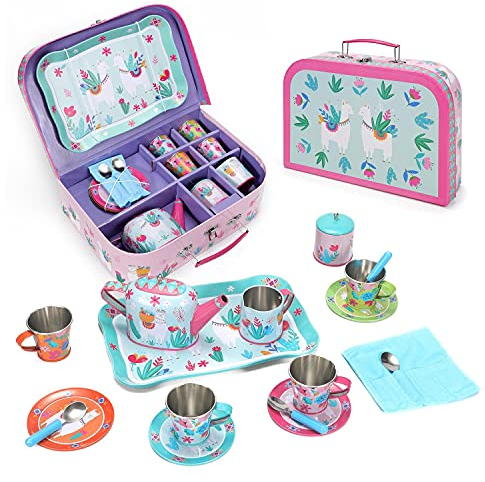SOKA Llama Metal Tin Teapot Set with Carry Case Toy for Kids - 18 Pcs Illustrated Colourful Design Toy Tea Party Set for Boys and Girls Pretend Role Play