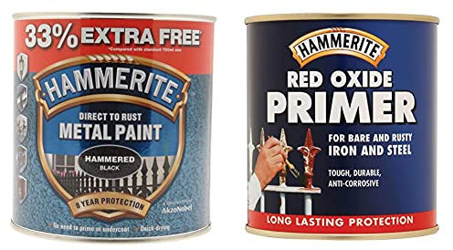 Hammerite 5158237 Metal Paint - Hammered Black, 1 L & 5092844 Red Oxide Primer 500ml