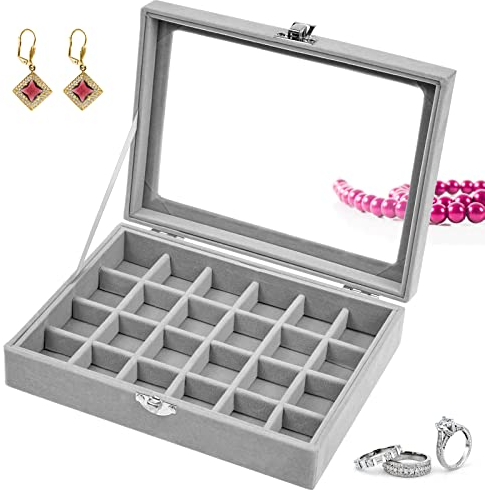 Jewellery Box Organiser for Women Girls, Travel Jewelry Storage Case, PU Leather Jewlerrying Display Holder for Necklace Earrings Rings Bracelets, Grey