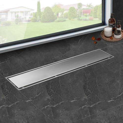 iYueMps Caniveau de Douche 50 cm, 2 en 1 Caniveau Douche Italienne Extra Plate,Acier INOX, Avec Siphon à Bloqueur D'odeurs et Filtre à Cheveux,Drainage Rapide