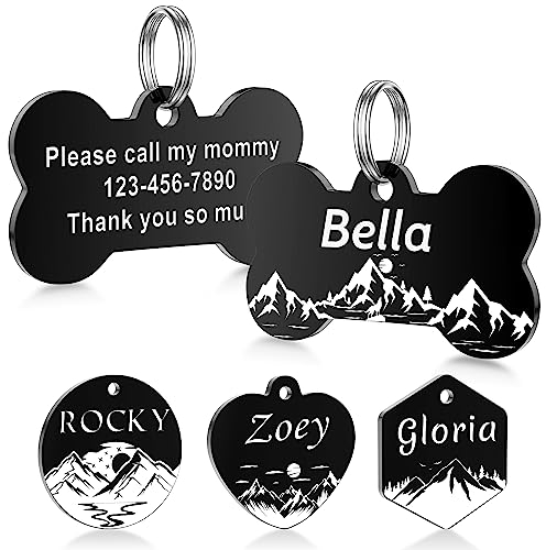GISUERY Hundemarke aus Edelstahl Personalisierte Hundeanhänger mit Beidseitige Gravur Einzigartige Haustiermarken Namensschild Adressanhänger Erkennungsmarken für Hund und Katze (Knochen - Berg)