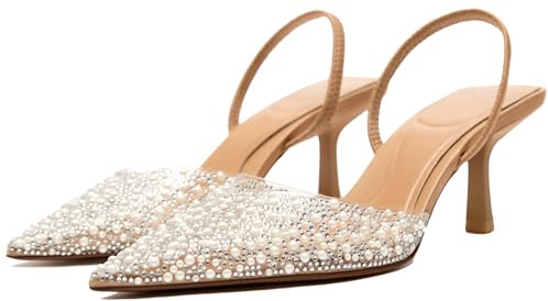 YIYA Women's Clear Slingback Heels with Pearl Studded Pointed Toe Kitten Mid Heels Sparkly Rhinestone Slip On Wedding Party Shoes