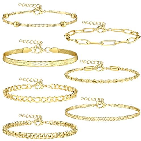 Dochais 5-7 Pièces Cubique Zircone Link Bracelets pour Femme, Bracelet Acier Inoxydable Femme, 14K Or Plaqué Bracelets, Ensemble Bracelets Argent Or pour Femmes Filles