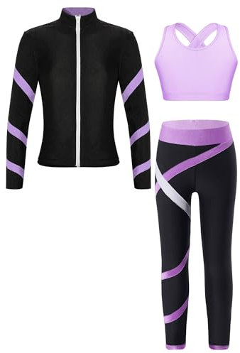 MSemis Kinder Mädchen 3Pcs Trainingsanzug Langarm Sport Jacket und Tank Top mit Leggings Yoga Workout Laufen Jogginganzug Lavendel 170