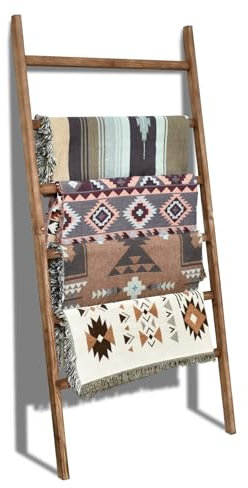 FUIN Extra Wide 6.4ft Wooden Blanket Ladder Living Room Decorative Wal Leaning Farmhouse Quilt Display Holder Rustic Wood Towel Rack for Bathroom, Brown, 38 inch Wide