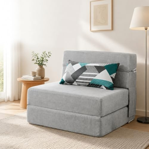 ANONER 70 x 190 cm Sillón Cama Plegable, Sofa Cama Plegable con Espuma de Memoria & Almohada, Colchón de Suelo para Yoga, Oficina, Salón, Futon Sofa Cama Portada Lavable Unos, Gris Claro