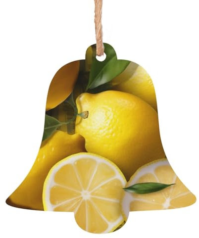 Lot de 4 décorations de Noël en bois imprimé citron jaune – Ornements à suspendre en forme de cloche pour sapin de Noël