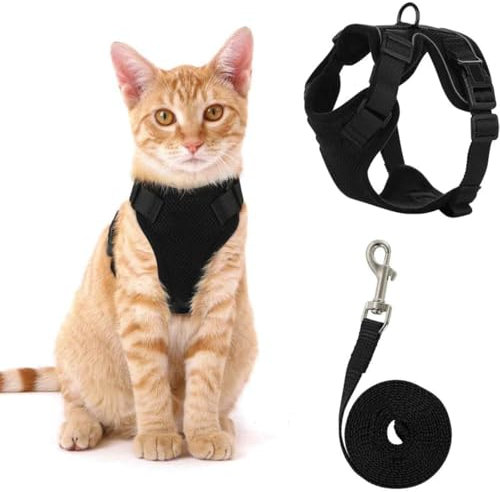 Katzengeschirr mit Leine Schwarz Softgeschirr für Katze Brustgeschirr Cat Harness Katzengarnitur ausbruchsicher verstellbar Katzenweste Schwarz XS