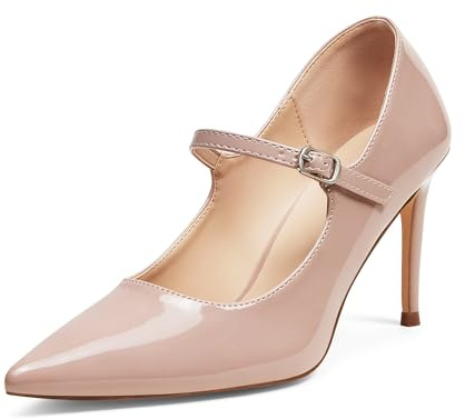 GENSHUO Zapatos de Salón Mary Jane para Mujer, Tacón de Aguja 8 cm, Punta Fina, Cuero Charol, Elegantes y Cómodos para Oficina, Fiesta, Diseño Vintage, Nude, 39 EU