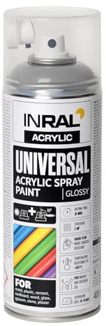 INRAL Bombe de peinture universelle en spray - Aluminium blanc brillant RAL9006 - 400 ml - Pour métal, plastique, bois et pierre - Haute couverture, résistante à la pluie et aux UV - Pour l'intérieur