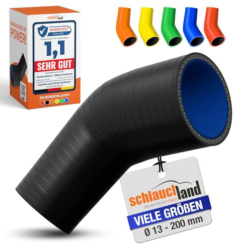 1 Stück | Reduzierbogen Silikonbogen 45° Grad ID-Ø 57-51mm schwarz 200°C | VIELE GRÖSSEN & FARBEN | Silikon-Schlauch Reduzierung Reduzierer Ladeluft-Schlauch Kühlmittel Adapter flex Rohr| PREMIUM