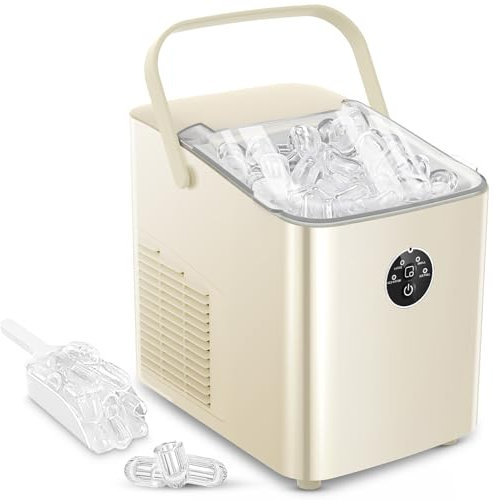 FOHERE Machine à Glaçons, 14kg en 24h, 8 Glaçons en 8 Minutes, avec 2 Tailles de Glaçons, Autonettoyante, Ice Maker sur Comptoir avec Poignée, pour la Maison/Cuisine/Camping/Bar (Beige)