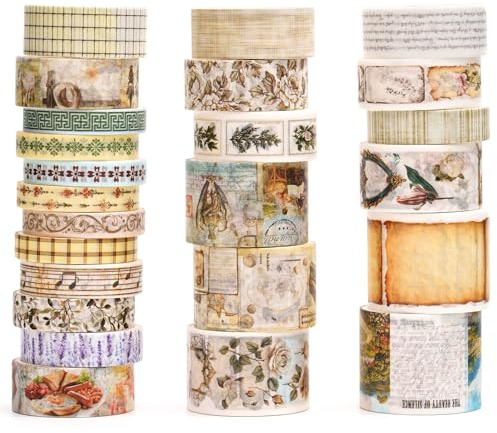 Songdao 24 rotoli Vintage Washi Tape Set, nastro Modelli antichi adesivo decorativo per arti, pallottola di giornale, scrapbooking, fai da te, imballaggio (6 note senza tempo)
