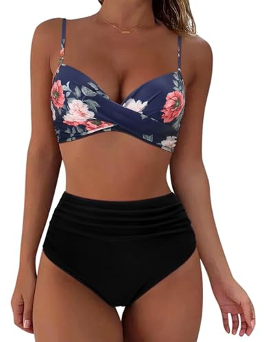 Women's High Waisted Bikini Set 2 Pieces Tummy Control Push Up Swimsuit and Skirt Twist Front Bikini V Neck Sexy Swimming Costume Ladies Swimwear (Dark Blue, L)