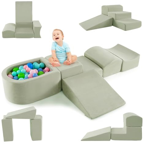 DREAMADE Parcours de motricité Bébé 5PCS avec Housse Lavable, Blocs de Construction avec Piscine à Balles, Module Motricité pour Enfant 3+ Ans, sans Balles (Vert)