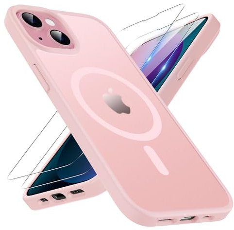 TQIAHF Magnetic Phone Case for iPhone 13 / iPhone 14 Case with 2 Tempered Glass Screen Protector Compatible with MagSafe Military Grade Translucent Matte Phone Cover,Pink