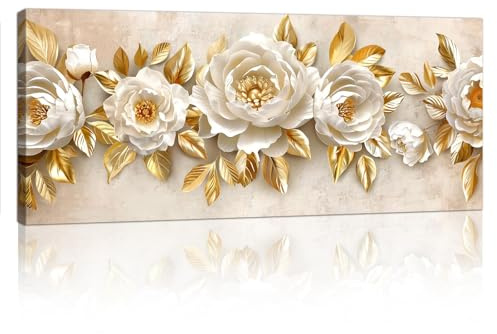 FajerminArt Stor inramad affisch, vita och gyllene pionblommor, canvasbilder, beige vintagebilder, dekoration för vardagsrum, sovrum, redo att hängas upp, 120 x 50 cm