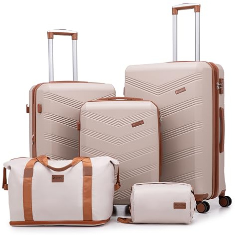 CONCEPTEN Expandable Luggage Sets 5 Piece, Hard Case Suitcase Set with Spinner Wheels,22x14x9 Airline Approved Carry on,Lightweight Durable Suitcase with TSA Lock (Beige)