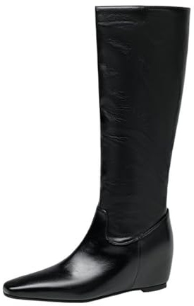 Stivali da equitazione da donna, minimalisti, alla moda, con punta quadrata, altezza al ginocchio, tacco a cuneo nascosto, ampia polpaccio, scarpe casual, Nero , 37 EU