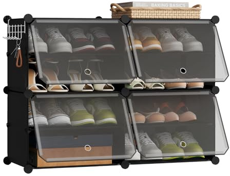 WOLTU - Scarpiera a 4 scomparti, compatta, con ganci, scarpiera in plastica, per corridoio, camera da letto, ingresso, organizzatore per 16 paia di scarpe