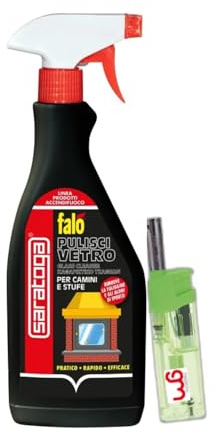 Saratoga Falò Pulisci Vetro, Detergente Potente Anti-Fuliggine per Camini e Stufe, Rimuove Patina di Fumo e Incrostazioni, Vetro Brillante in Pochi Secondi con Accendino GM, 500ml (1, PZ)