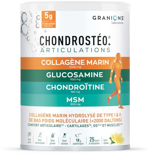 GRANIONS - Collagene Marin Poudre - CHONDROSTEO + Articulations - glucosamine chondroitine msm - collagene articulations - Glucosamine Chondroitine - msm - Goût citron - 250 g