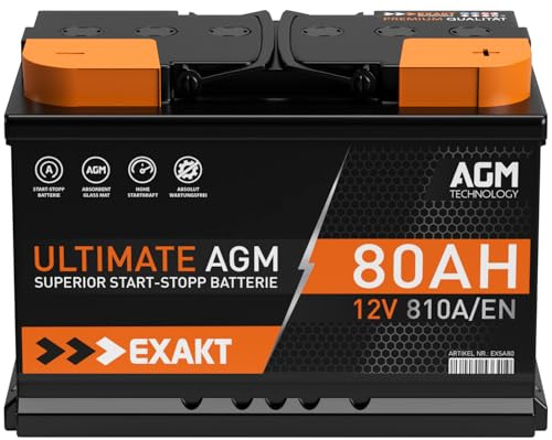Exakt AGM Batterie 80Ah 12V 810A/EN Start-Stop Autobatterie Starterbatterie VRLA statt 70Ah 75Ah