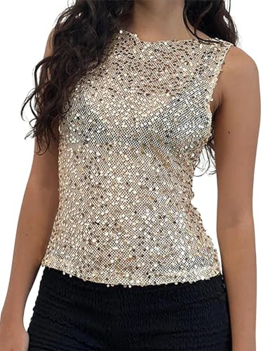 Women Sequin Tank Tops Sparkly Glitter Vest Y2K Glitter Tops for Club Party | sequin top,glitter top,pink sequin top,pink sparkly top,glitter top,party tops,black sparkly top,gold sequin top,sparkly top