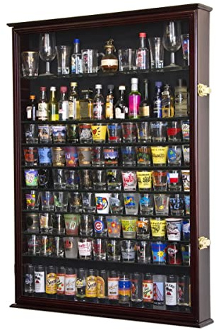 sfDisplay.com,LLC. XL Shot Glass Display Case Rack Holder Cabinet for Tall Shooter and Mini Liquor Bottle -Cherry