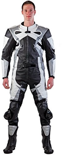 Lemoko - Completo da motociclista in pelle, 2 pz, colore nero/bianco/argento, taglie S - 5XL