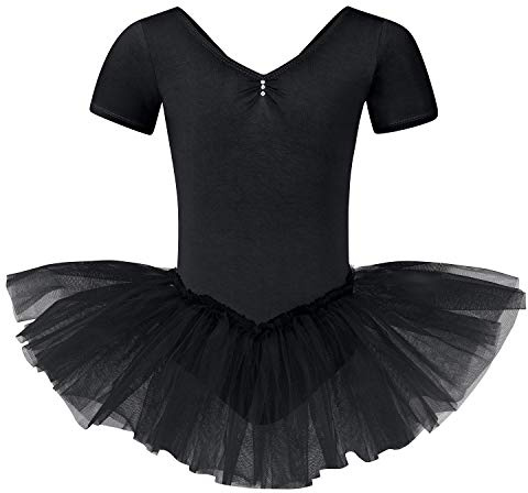 tanzmuster ® Ballettkleid Mädchen Tutu - Nele- aus weichem Baumwollstoff mit Glitzersteinen fürs Kinder Ballett Ballettbody Ballett Trikot, Schwarz 128-134