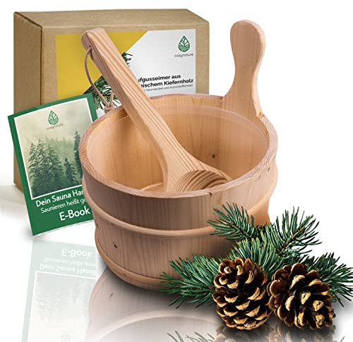 CozyNature® Sauna Eimer mit Kelle aus hochwertigem finnischen Kiefern-Holz | Sauna Zubehör, Saunakübel, Aufgusseimer | Kunstoffaufsatz inklusive - 4 Liter (Sauna Eimer + Kelle + Kunststoffaufsatz)